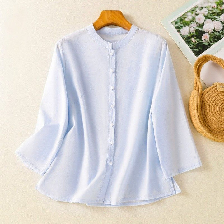 Cleo | Pearl Button Silk Blouse – Women's Elegant Flare Sleeve Top