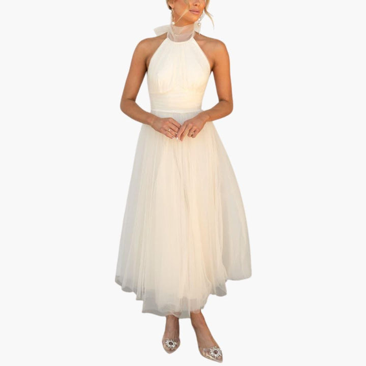 Celestine | Tulle Bow-Tie Halter Neck Maxi Dress with Full Skirt