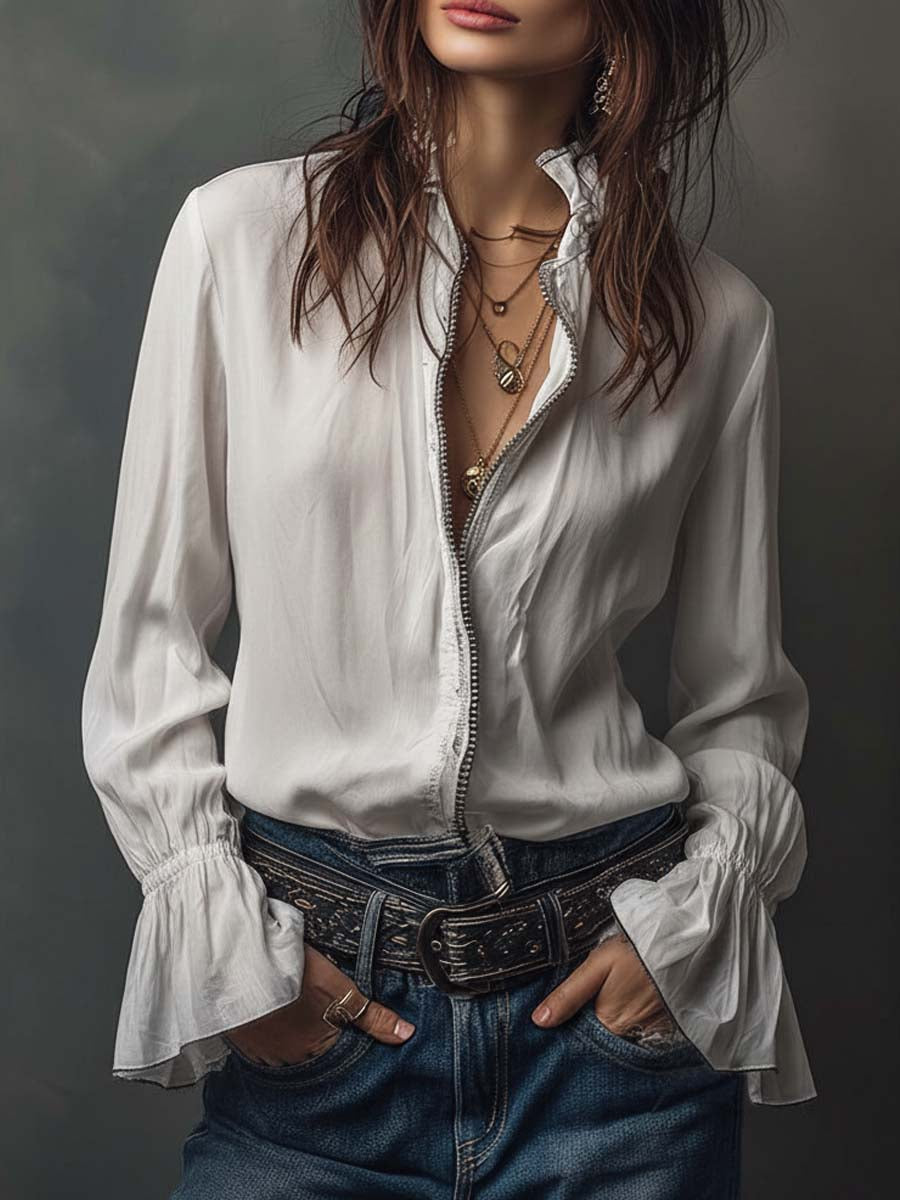 Sage | Frill Cuff Lace Trim Button Womens Blouse