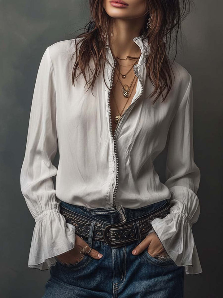 Sage | Frill Cuff Lace Trim Button Womens Blouse