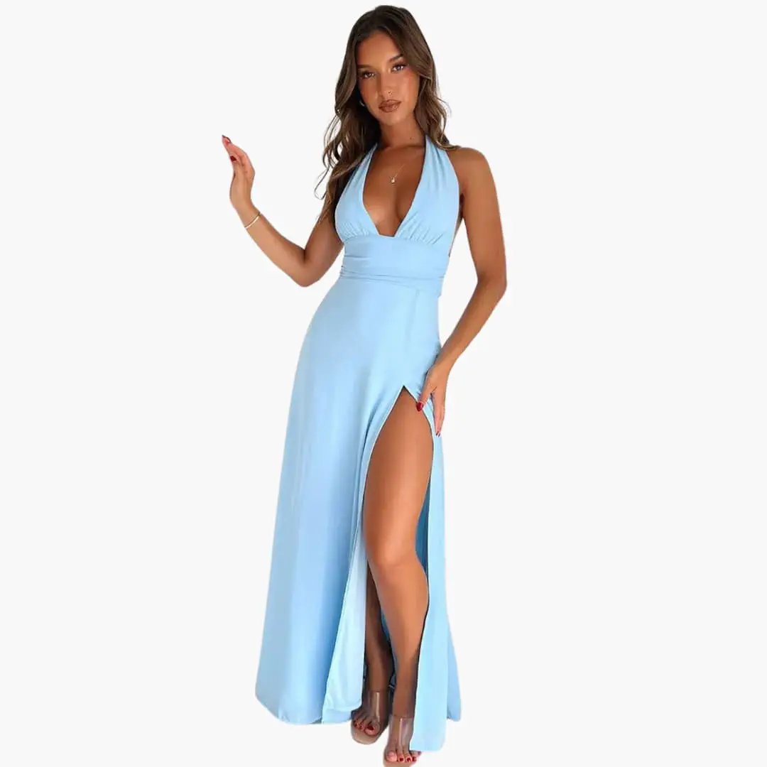 Rossana | Deep V-Neck Halter Neck Maxi Dress with Thigh-High Split