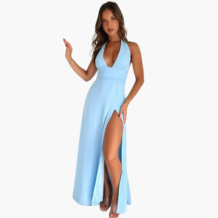 Rossana | Deep V-Neck Halter Neck Maxi Dress with Thigh-High Split