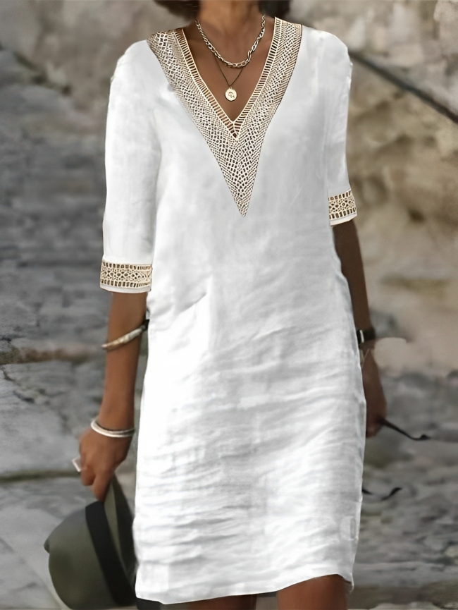 Grecian | Crochet Trim V-Neck Linen Summer Dress