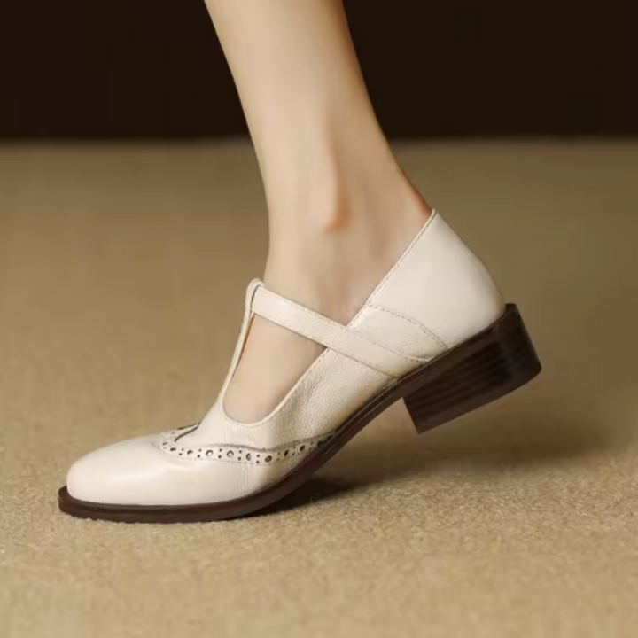 Beatrice | Pebbled Leather T-Bar Brogue Mary Jane Flats