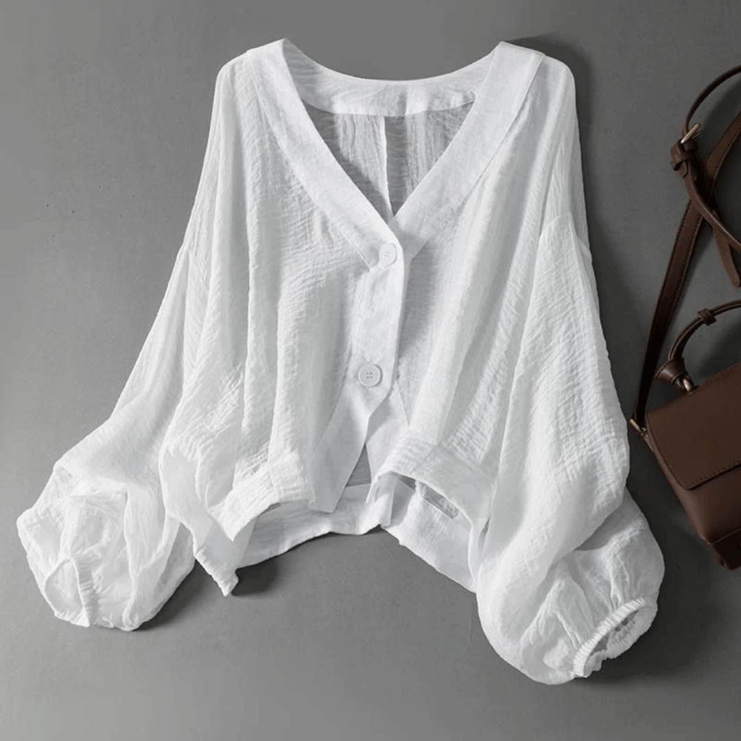 Marlen | V Neck Balloon Sleeve Button Linen Womens Blouse
