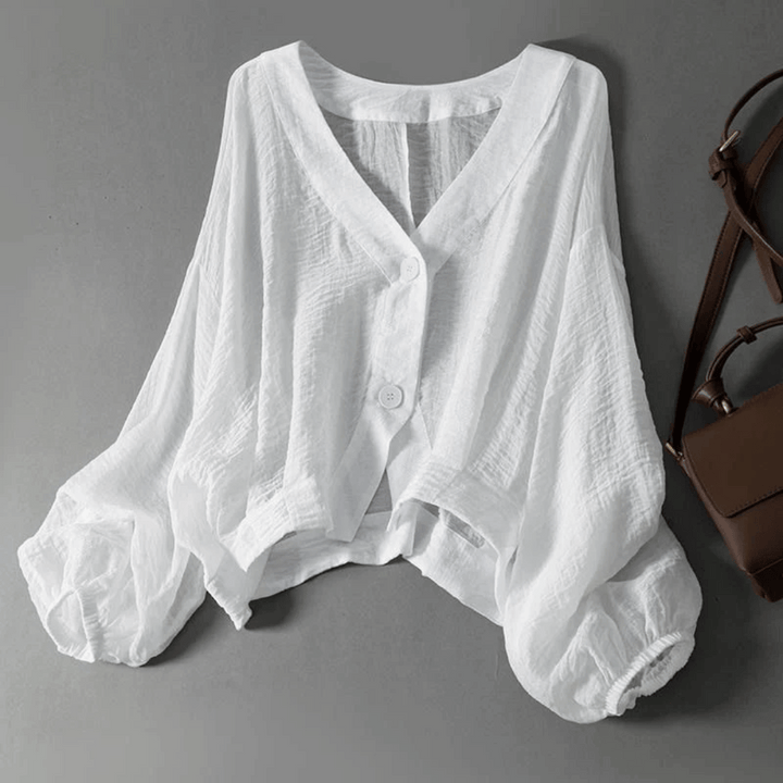Marlen | V Neck Balloon Sleeve Button Linen Womens Blouse