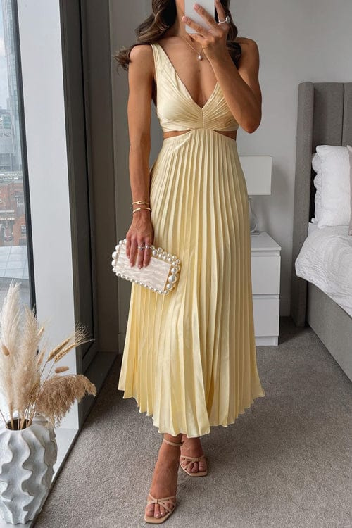 Aurore | Cut-Out V-Neck Womens Pleated Midi Dress with Waist Cut outs