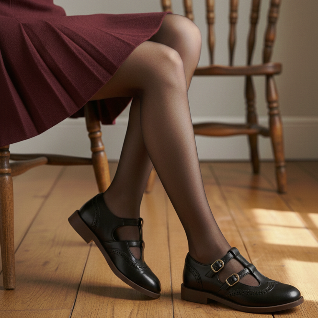 Brogue | Double Buckle T-Bar Leather Mary Jane Flats
