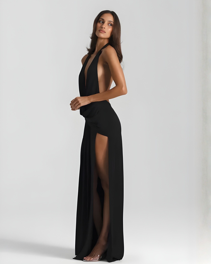 Solange | Draped Cowl Neck Backless Halter Neck Maxi Dress