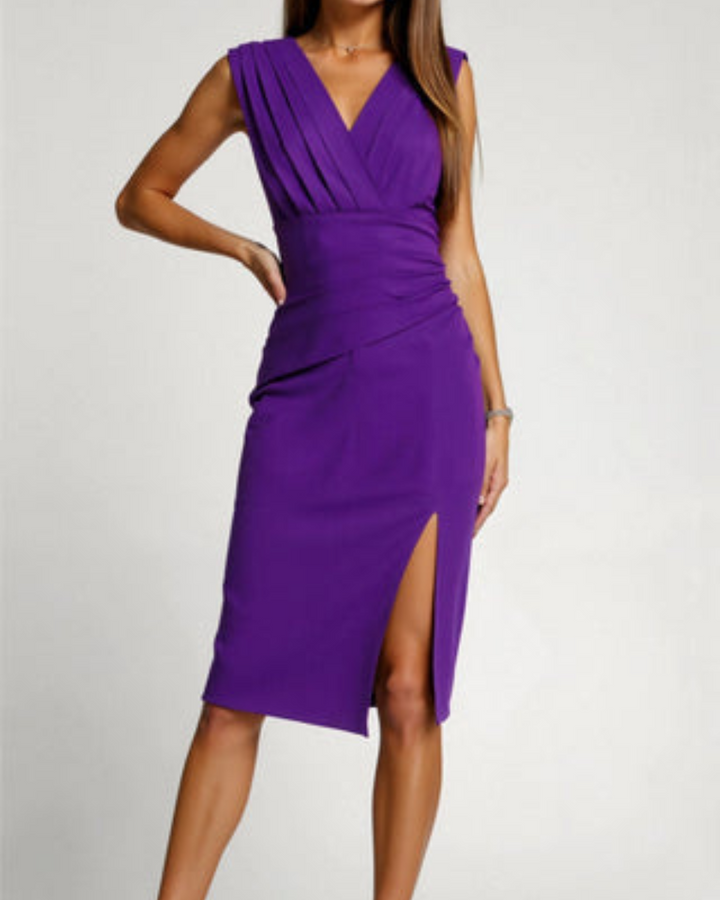 Ginevra | V-Neck Pleated Shoulder Ruched Midi Formal Dress