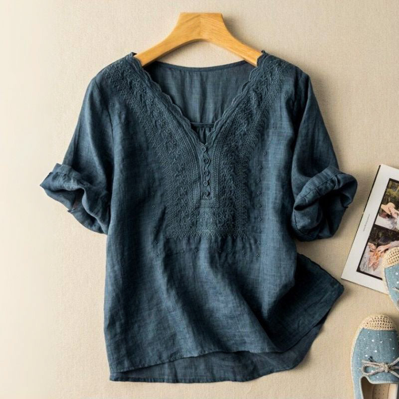 Indigo | Embroidered V Neck Button Linen Womens Blouse