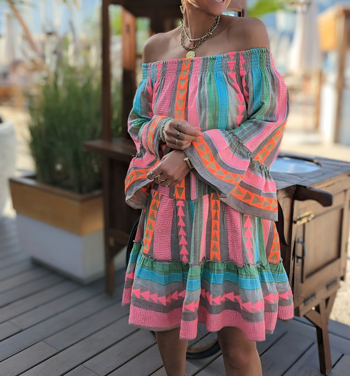 Zaria | Printed Boho Off The Shoulder Dress Mini