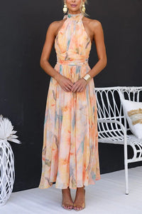 Celestine | Watercolour Print Crossover Halter Neck Maxi Dress