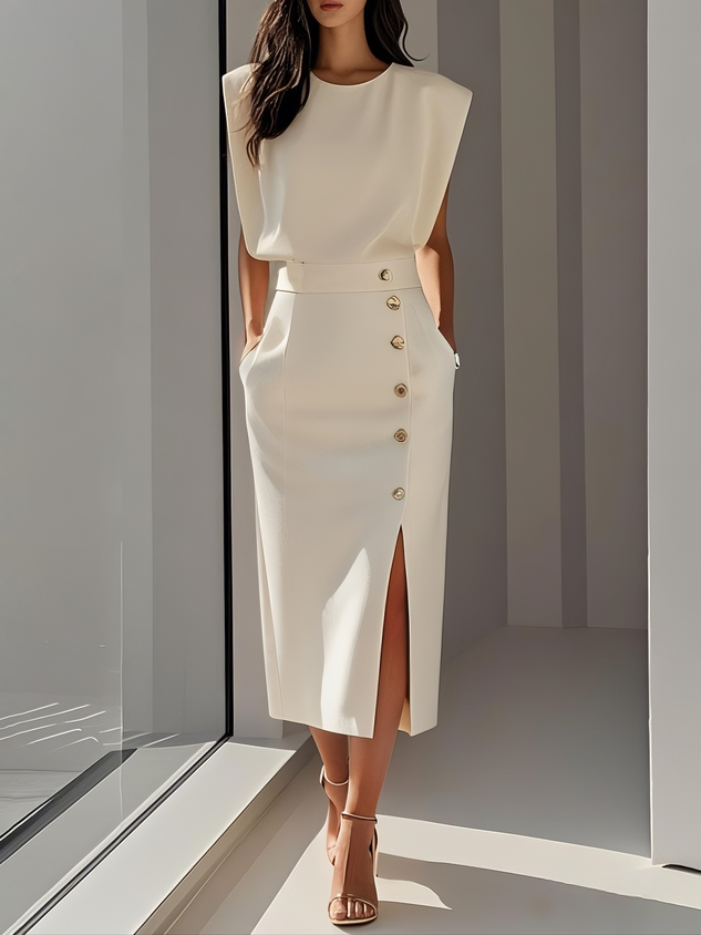 Vance | Padded Shoulder Gold Button Slit Midi Dress
