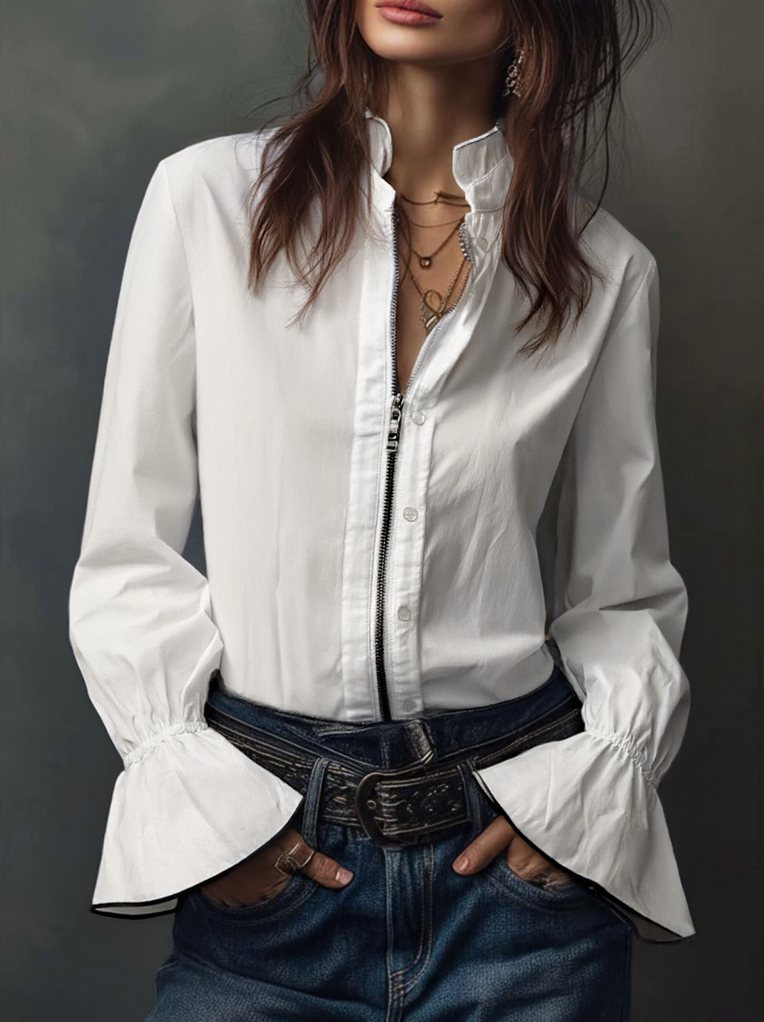 Sage | Frill Cuff Lace Trim Button Womens Blouse