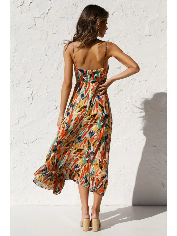 Tropicana | Abstract Print Ruched Tie Waist Midi Dress