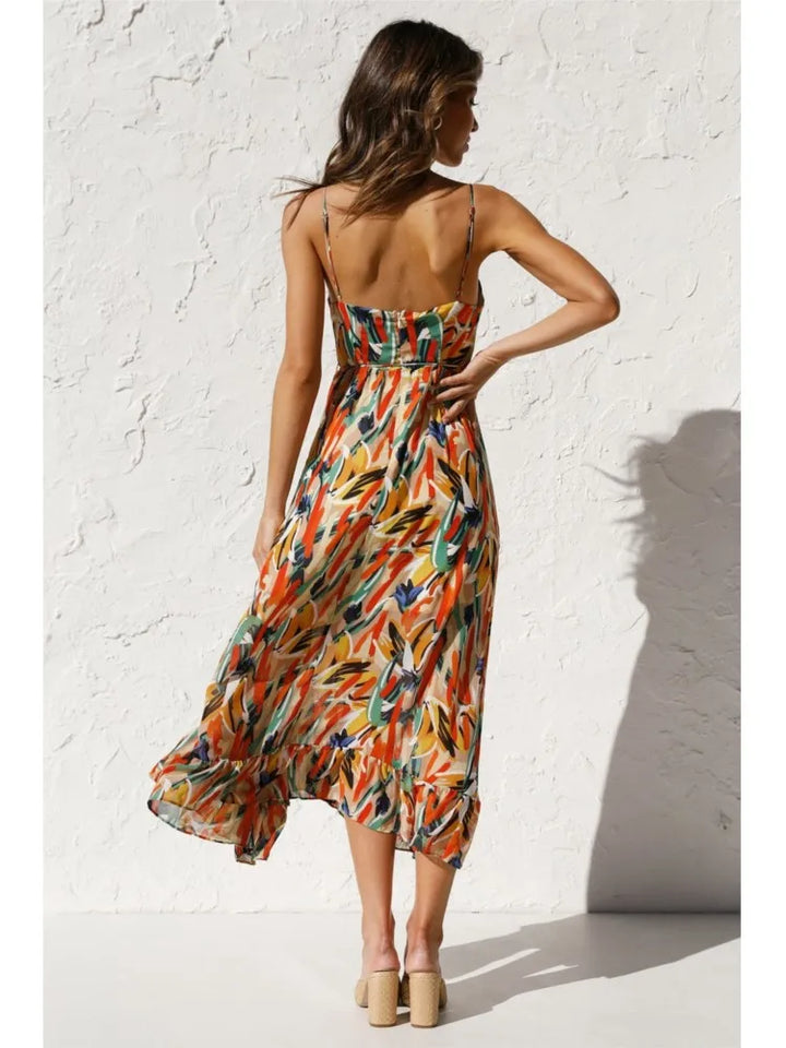 Tropicana | Abstract Print Ruched Tie Waist Midi Dress