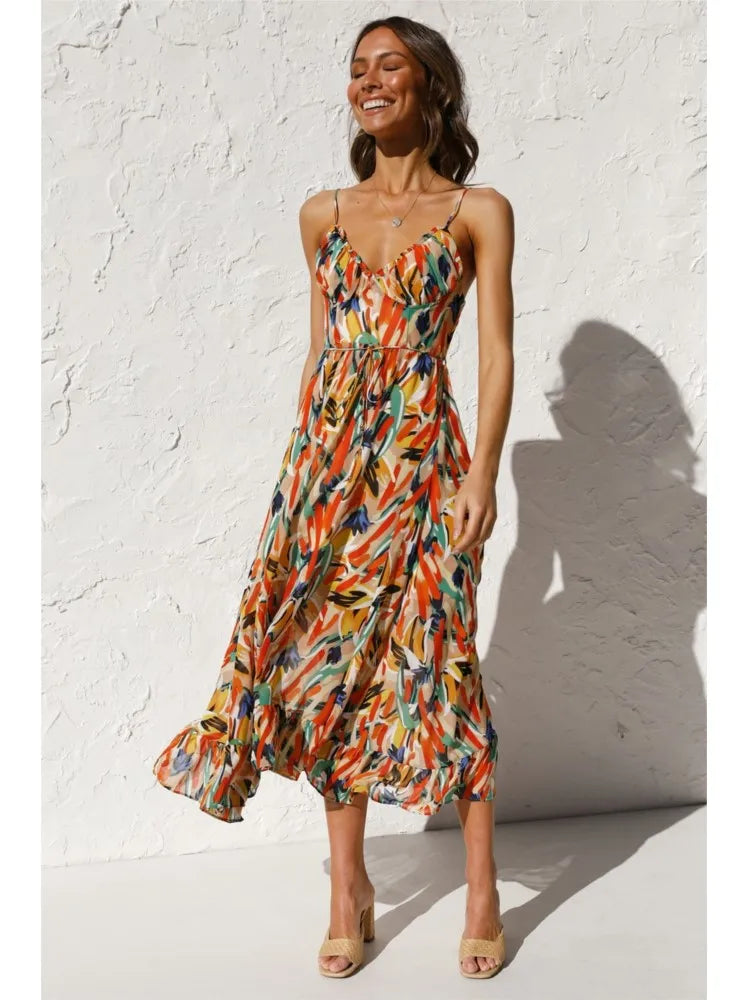 Tropicana | Abstract Print Ruched Tie Waist Midi Dress