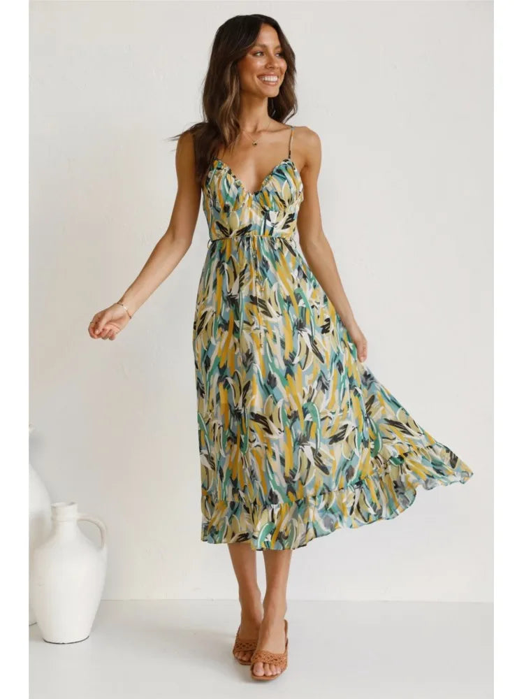 Tropicana | Abstract Print Ruched Tie Waist Midi Dress