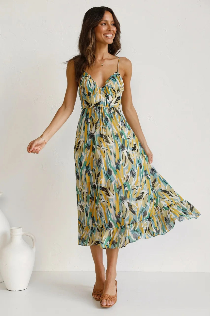 Tropicana | Abstract Print Ruched Tie Waist Midi Dress