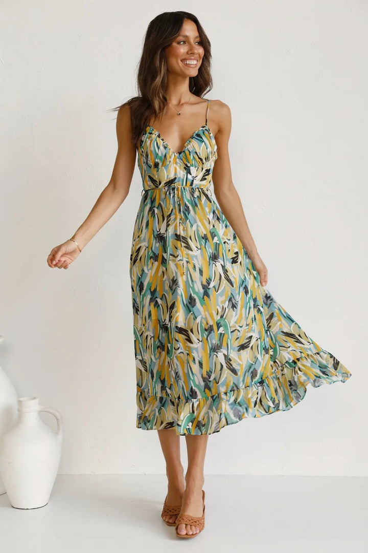Tropicana | Abstract Print Ruched Tie Waist Midi Dress