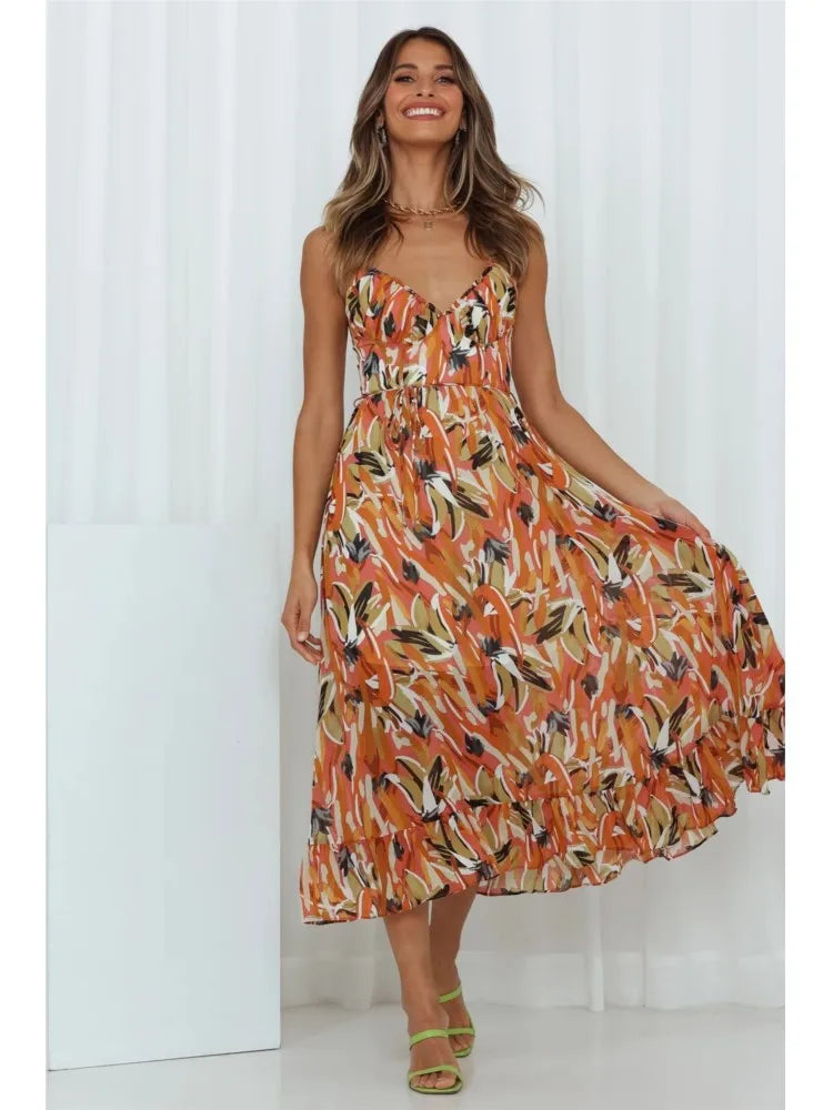 Tropicana | Abstract Print Ruched Tie Waist Midi Dress