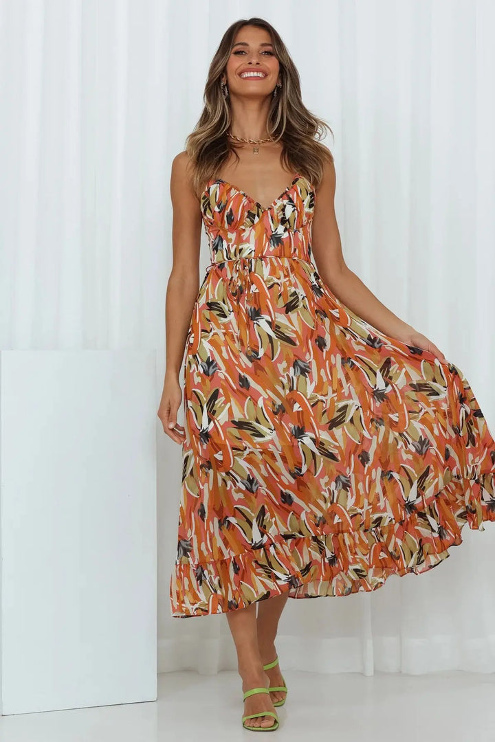 Tropicana | Abstract Print Ruched Tie Waist Midi Dress