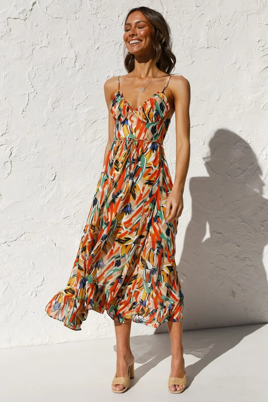 Tropicana | Abstract Print Ruched Tie Waist Midi Dress