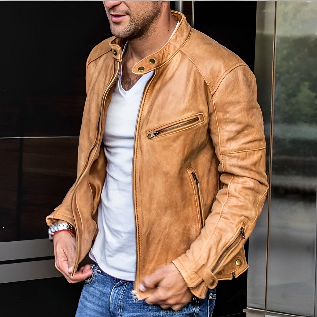 Ryker | Distressed Café Racer Leather Jacket with Contrast Zip Detail