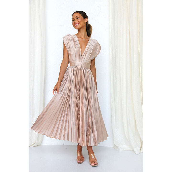 Aurora | Deep V Neck Pleated Satin Midi Dress