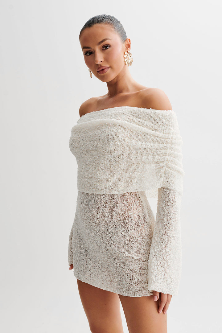 Colette | Off-Shoulder Long Sleeve Homecoming Dress in Sequin Knit
