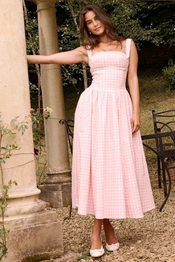 Vivien | Gingham Bustier Womens Pleated Midi Dress with Pockets
