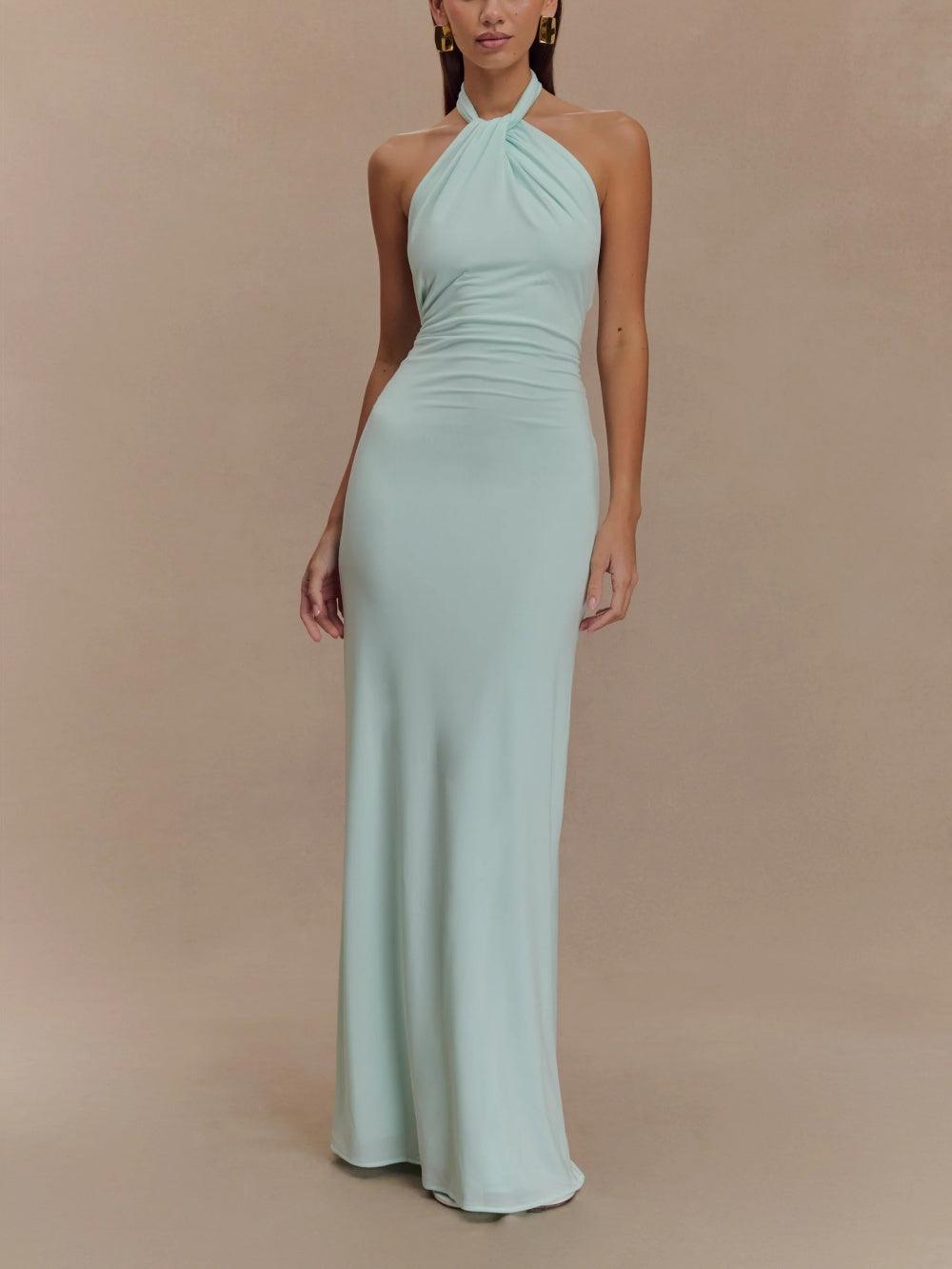 Nadia | Twisted Ruched Waist Halter Neck Maxi Dress