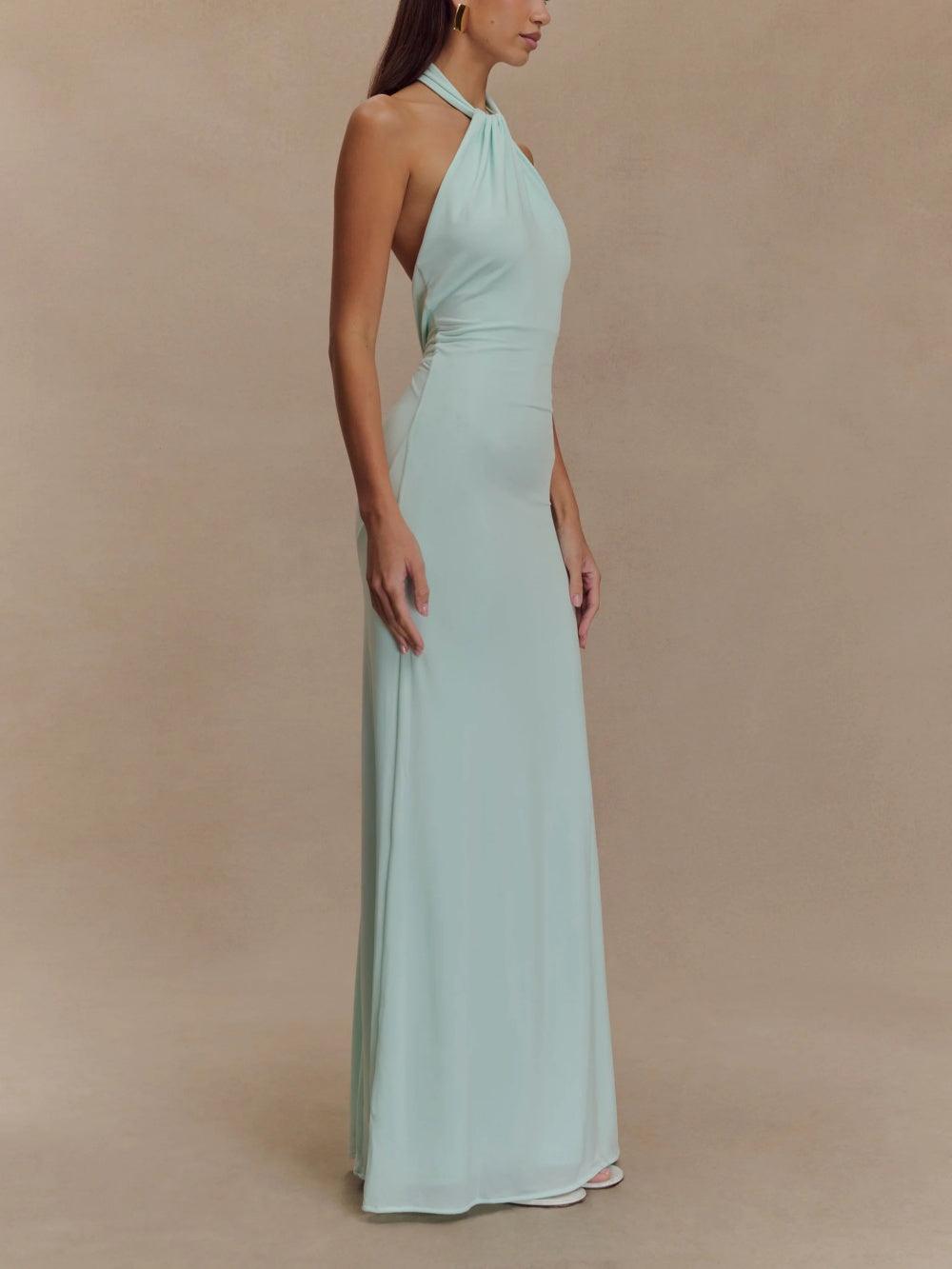 Nadia | Twisted Ruched Waist Halter Neck Maxi Dress