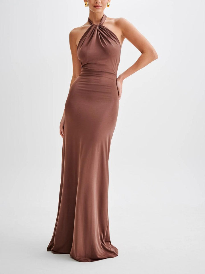 Nadia | Twisted Ruched Waist Halter Neck Maxi Dress