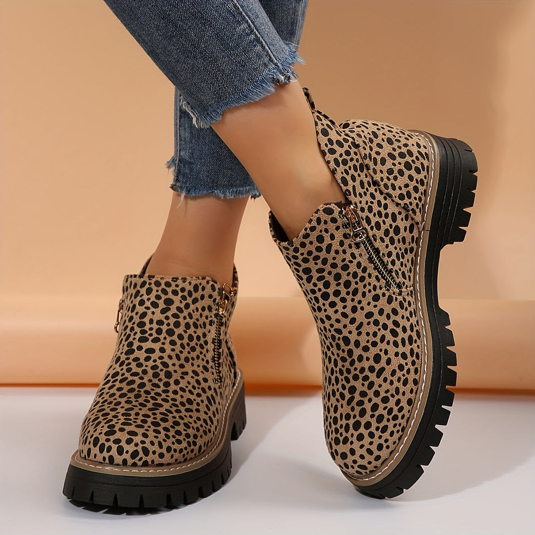 Zeva | Cheetah Print Side Zip Chunky Lug Sole Ankle Boots