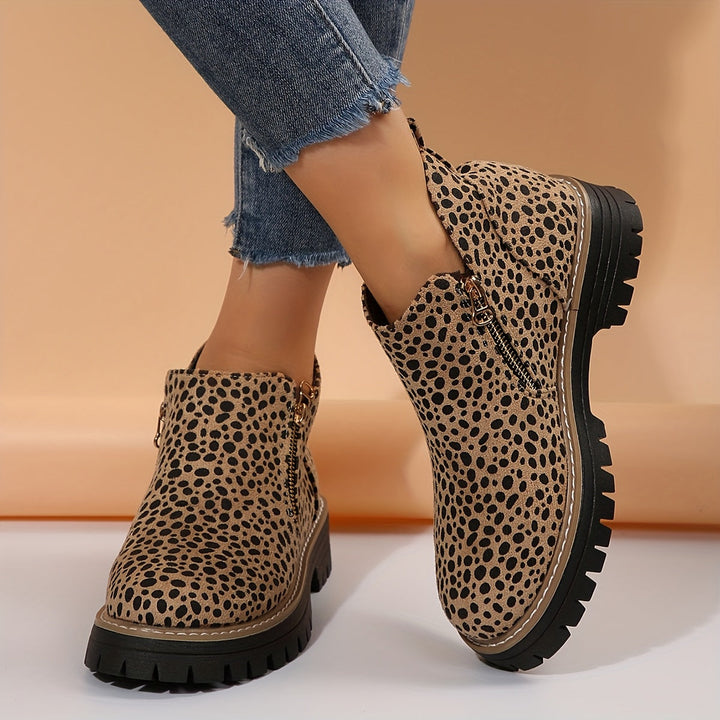 Zeva | Cheetah Print Side Zip Chunky Lug Sole Ankle Boots