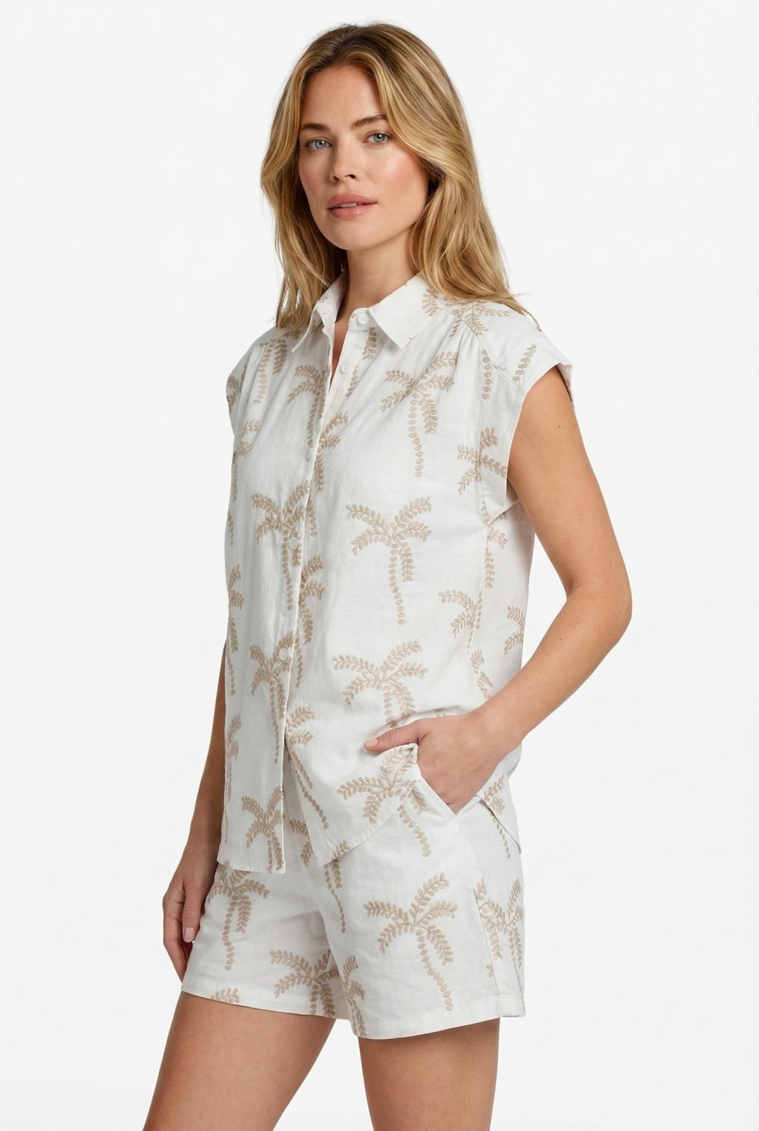 Positano | Palm Print Sleeveless Linen Tunic Blouse
