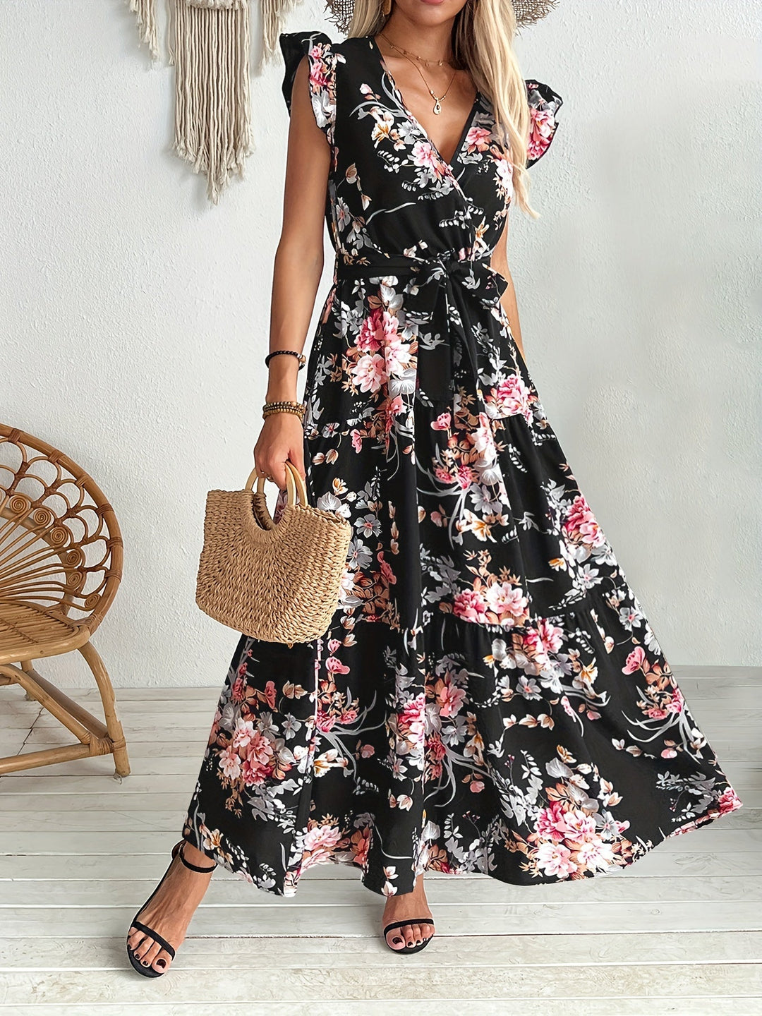 Rosalie | Women's Wrap Frill Sleeve Boho Floral Summer Dress