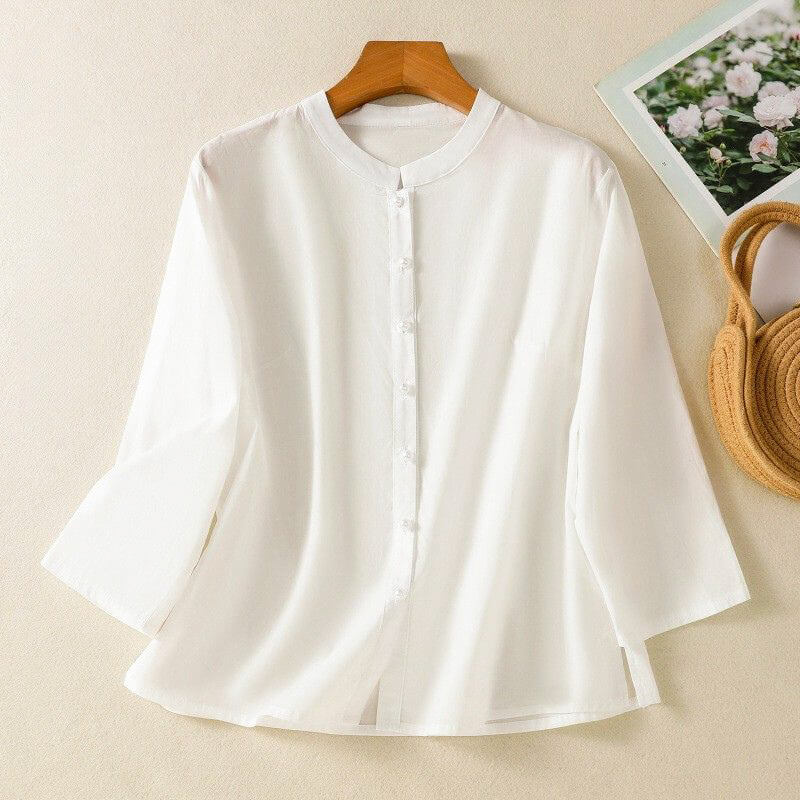 Cleo | Pearl Button Silk Blouse – Women's Elegant Flare Sleeve Top