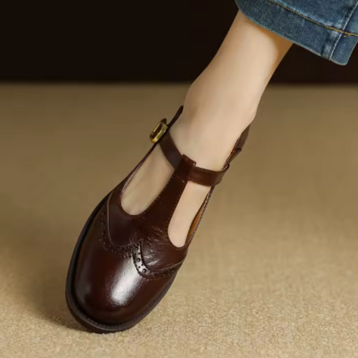 Beatrice | Pebbled Leather T-Bar Brogue Mary Jane Flats