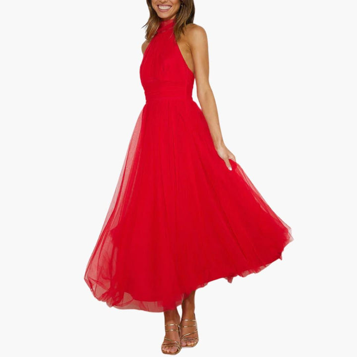 Celestine | Tulle Bow-Tie Halter Neck Maxi Dress with Full Skirt