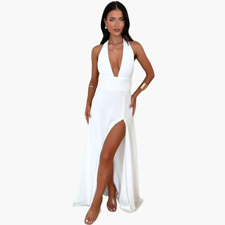 Rossana | Deep V-Neck Halter Neck Maxi Dress with Thigh-High Split