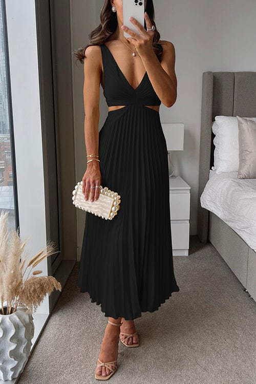 Aurore | Cut-Out V-Neck Womens Pleated Midi Dress with Waist Cut outs