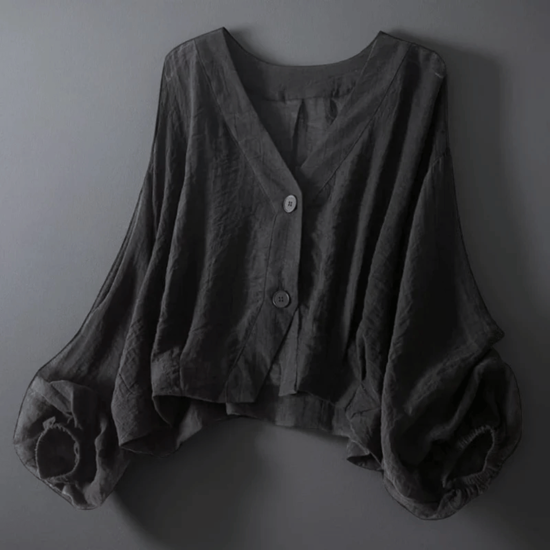 Marlen | V Neck Balloon Sleeve Button Linen Womens Blouse