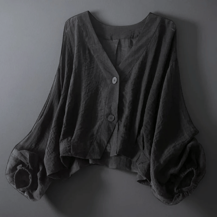 Marlen | V Neck Balloon Sleeve Button Linen Womens Blouse