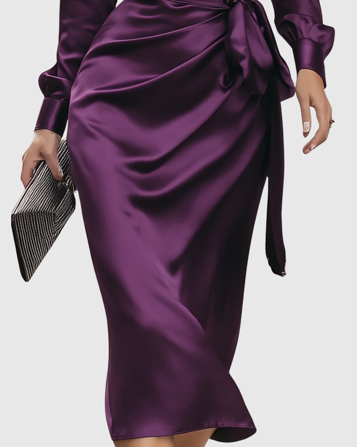 Violette | Satin Wrap Tie Waist Midi Cocktail Dress