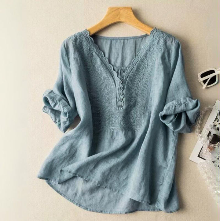 Indigo | Embroidered V Neck Button Linen Womens Blouse