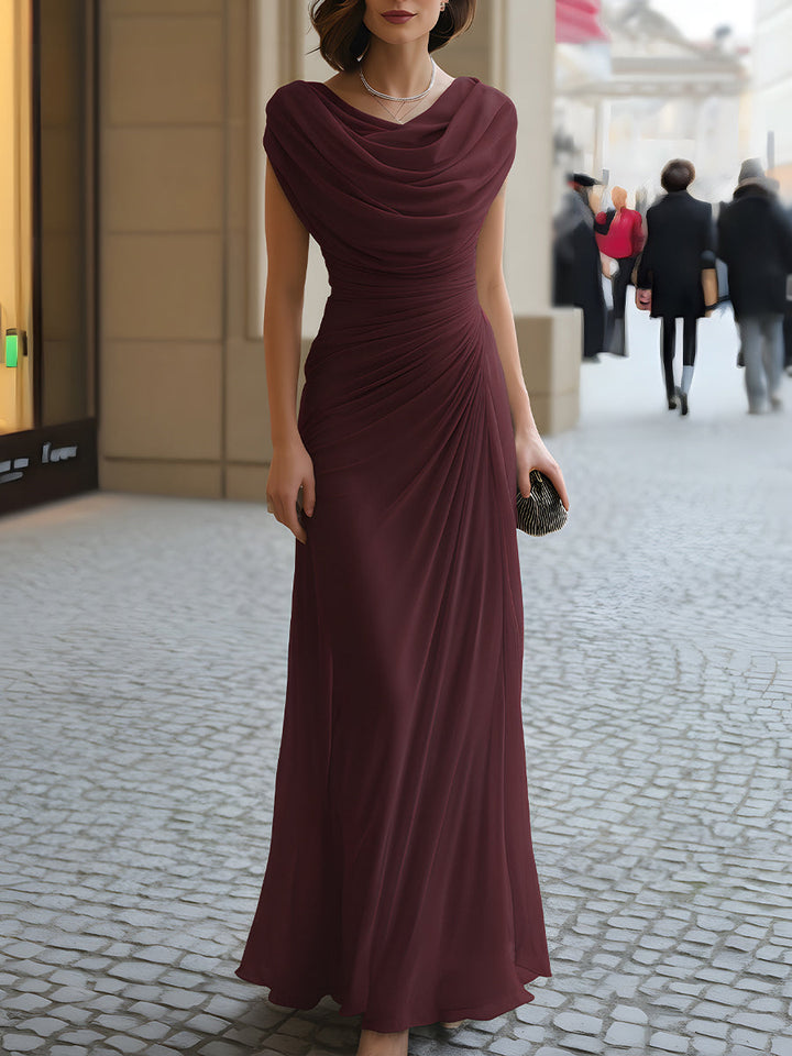 Cosima | Cowl Neck Diagonal Ruched Chiffon Maxi Formal Dress