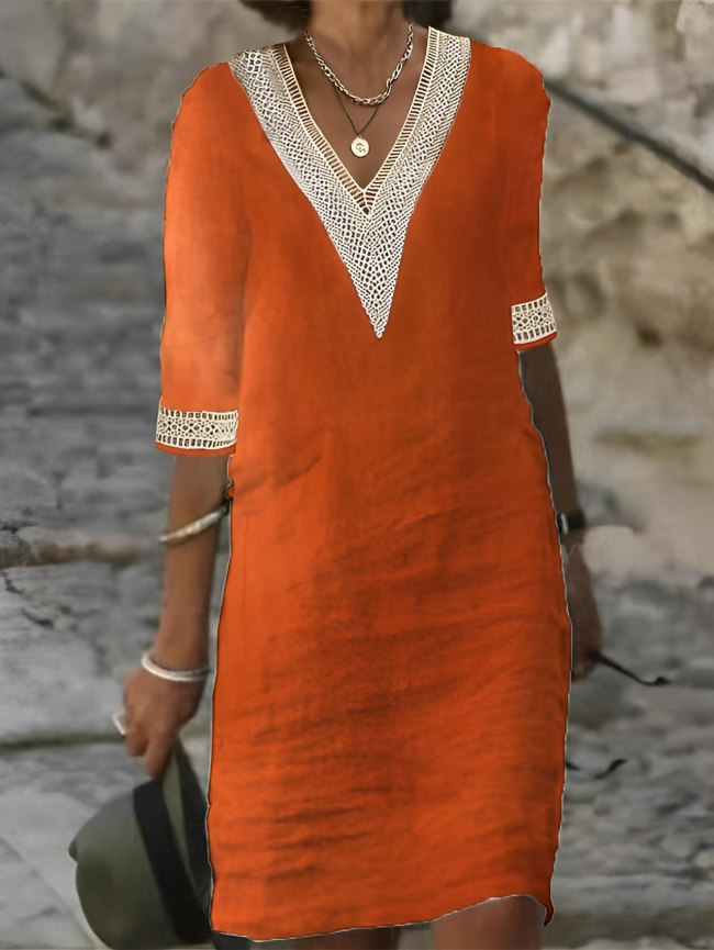 Grecian | Crochet Trim V-Neck Linen Summer Dress